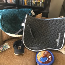 Some of my shopping haul. Because, hi, have you met me?!? I also won some raffle goodies, including the collapsible bucket, a Riding Warehouse gift card, and a ride entry to the Barefoot in NM ride.)
